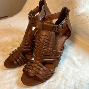 American Eagle Sandals Womens 6 Caged Woven Heels Brown Faux Leather Casual